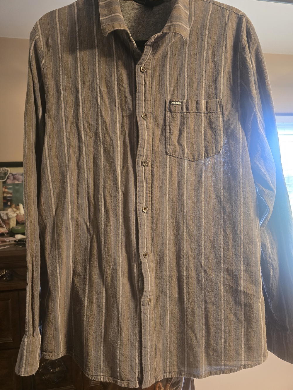 Volcom Men's Brown and Tan Vertical Stripe Button-Down Shirt
